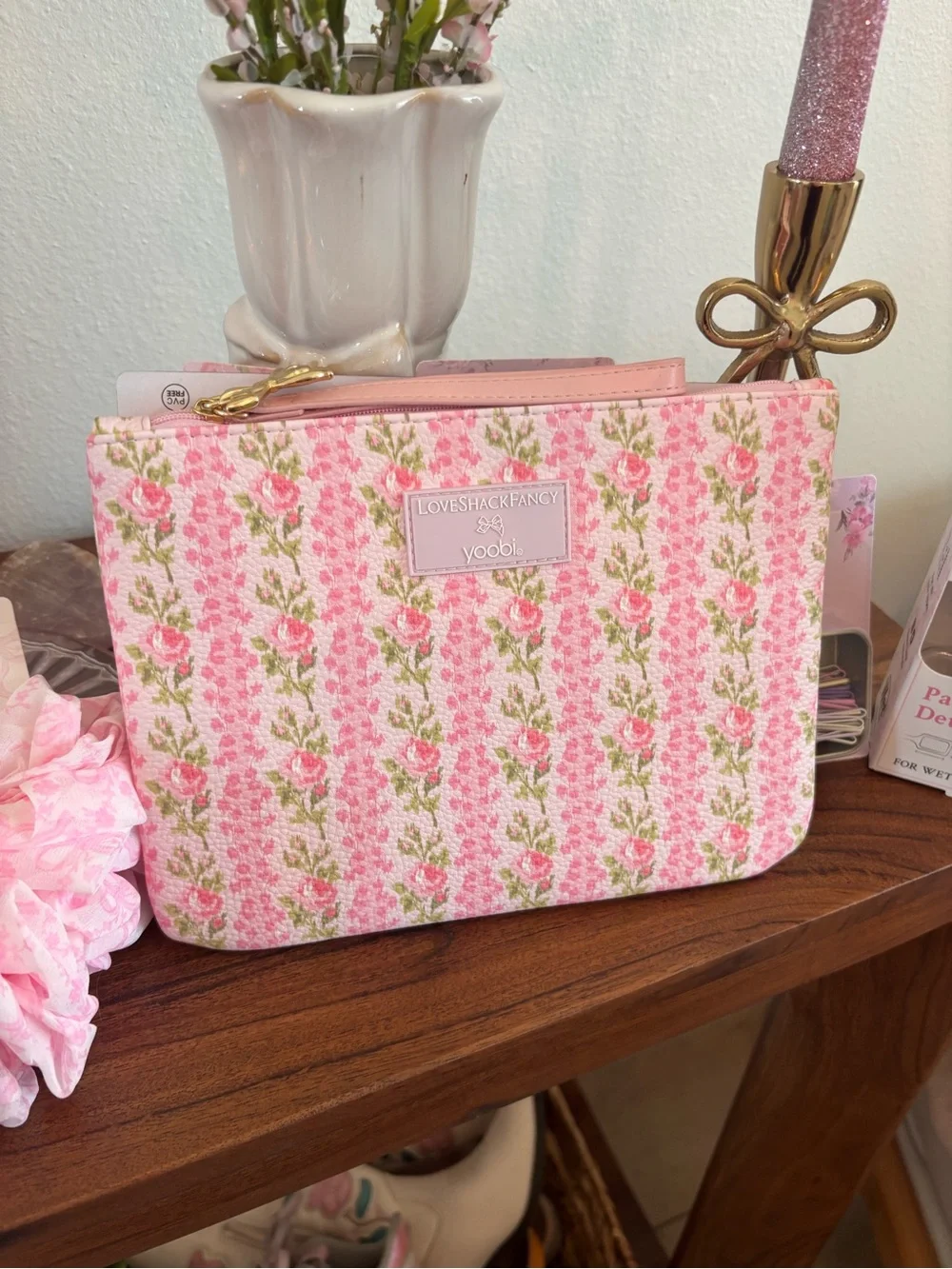 LoveShackFancy Pink Floral Hair Accessory clips brush bag ect